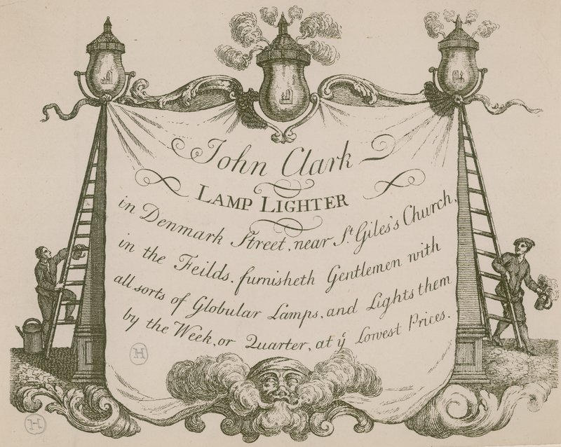 Werbung für John Clarke, Lampenanzünder, Denmark Street, London von English School