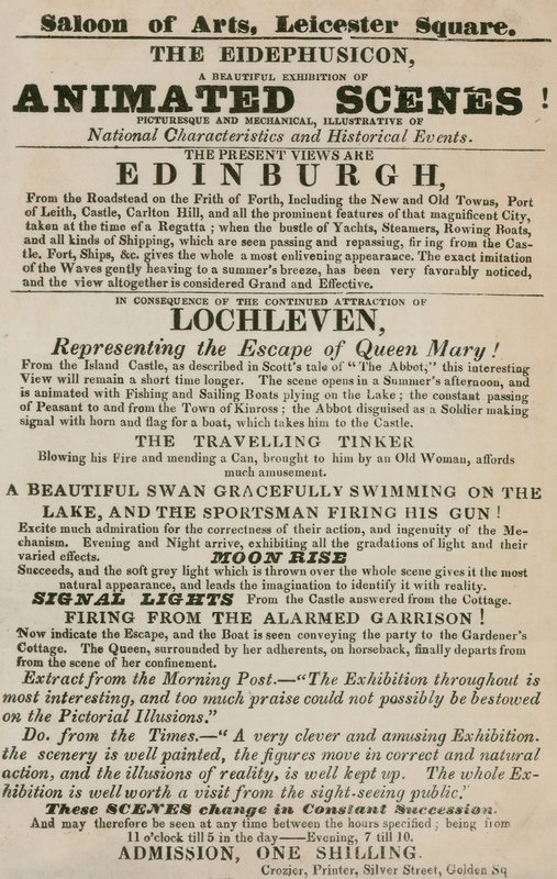 Werbung für das Eidephusicon, eine Ausstellung animierter Szenen, malerisch und mechanisch von English School