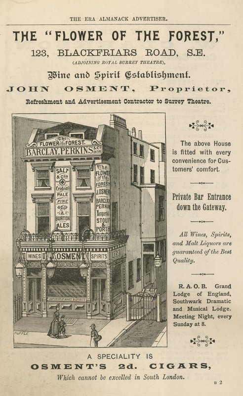 Werbung für The Flower of the Forest, 123 Blackfriars Road, London von English School