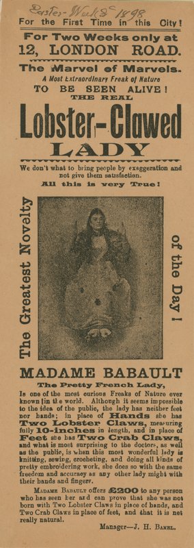 Anzeige für einen Auftritt von Madame Babault, der Hummerklauen-Dame von English School