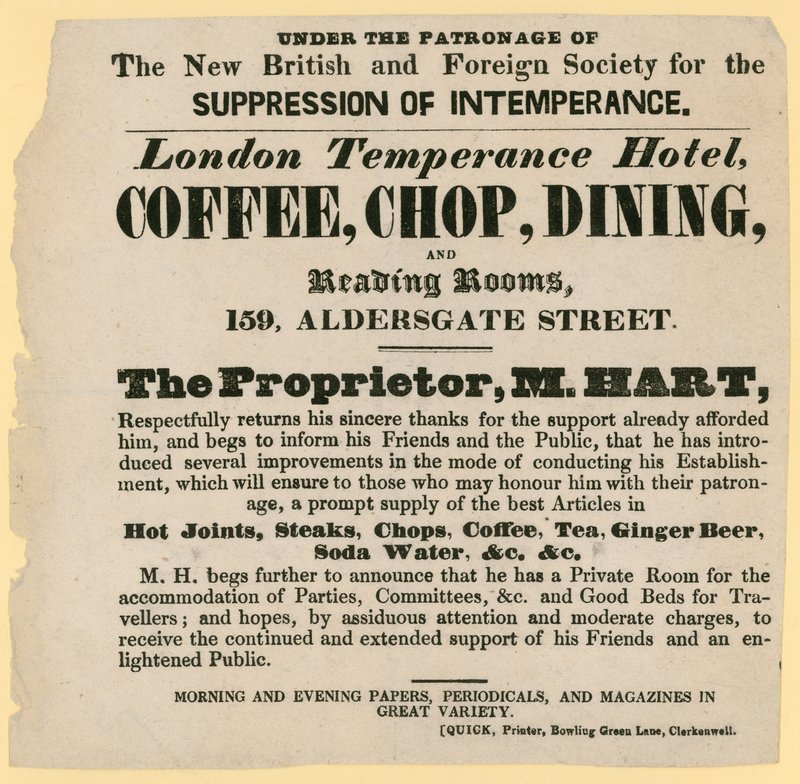 Anzeige für das London Temperance Hotel, unter der Schirmherrschaft der New British and Foreign Society for the Suppression of Intemperance von English School