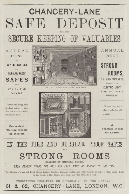 Werbung, Chancery-Lane Safe Deposit (Stich) von English School