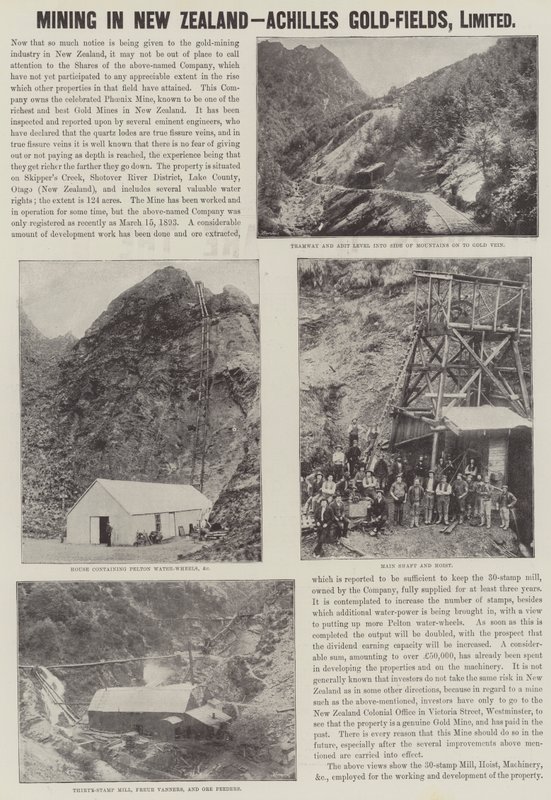 Werbung, Bergbau in Neuseeland, Achilles-Goldfelder (Gravur) von English School