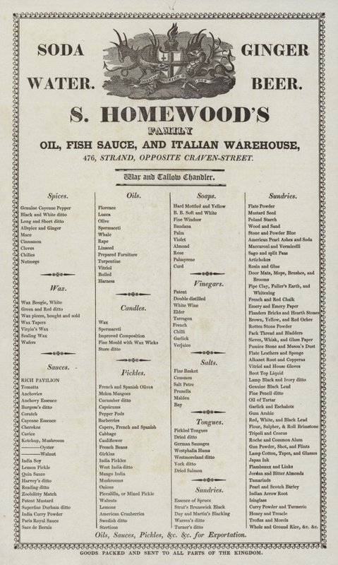 Werbung für S. Homewoods Öl, Fischsauce und italienisches Lagerhaus von English School