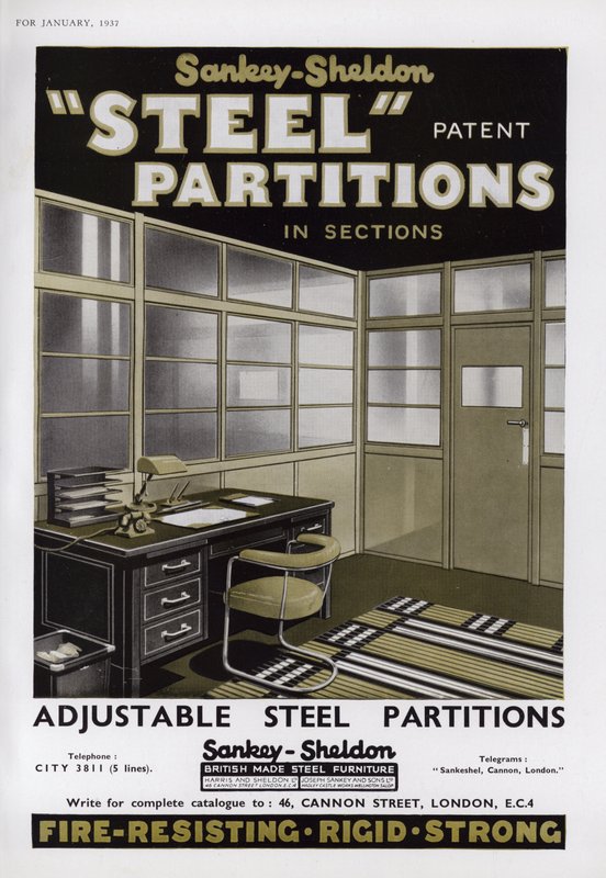 Werbung für Sankey-Sheldon Stahltrennwände, 1937 von English School