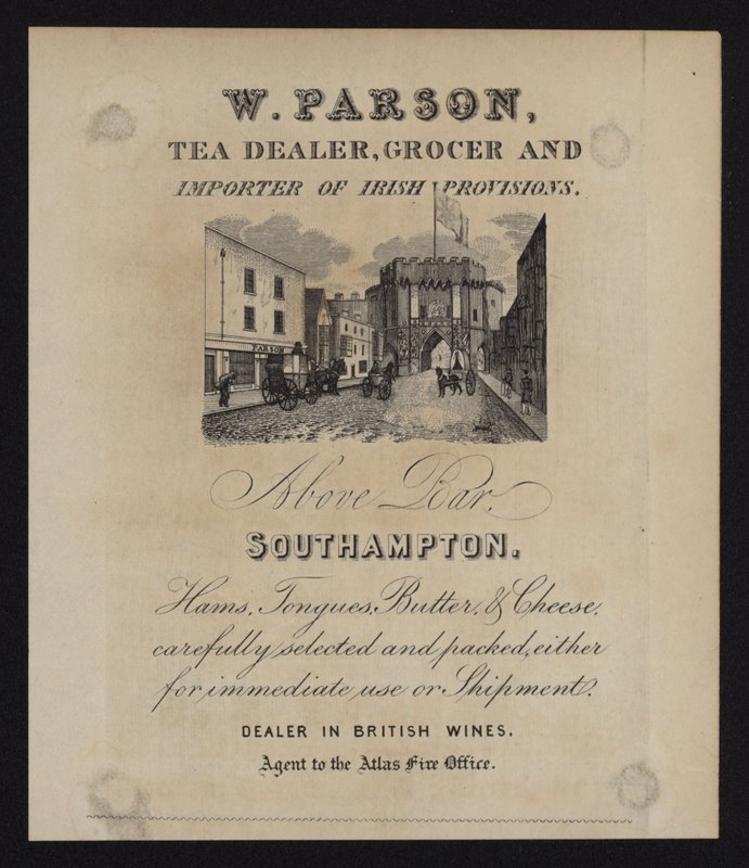 Werbung für W Parson, Teehändler, Lebensmittelhändler und Importeur irischer Waren, Southampton, Hampshire von English School