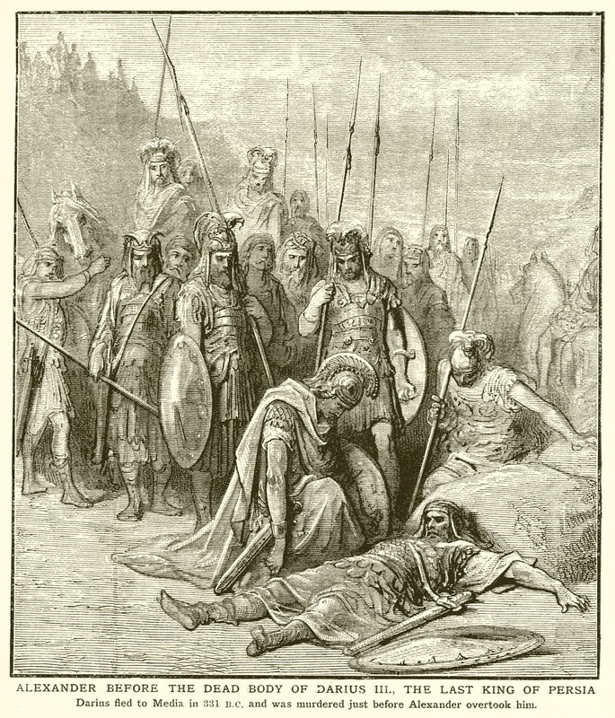 Alexander vor dem Leichnam von Darius III., dem letzten König von Persien von English School