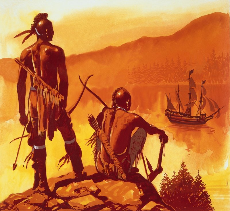 Indianer betrachten das Schiff der Eindringlinge von English School