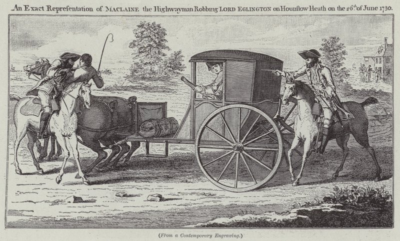 Eine genaue Darstellung von Maclaine, dem Straßenräuber, der Lord Eglington am 26. Juni 1750 auf Hounslow Heath beraubt von English School