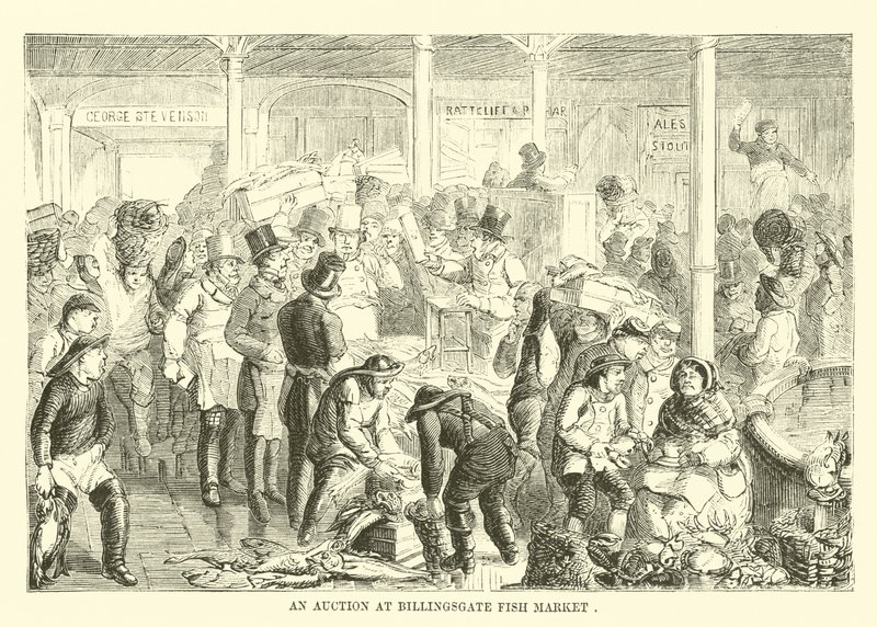Eine Auktion auf dem Billingsgate-Fischmarkt von English School