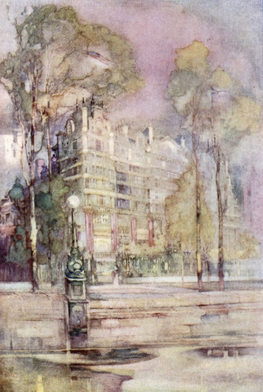 Eine impressionistische Ansicht der Flussfront des Savoy Hotels (Farblithografie) von English School