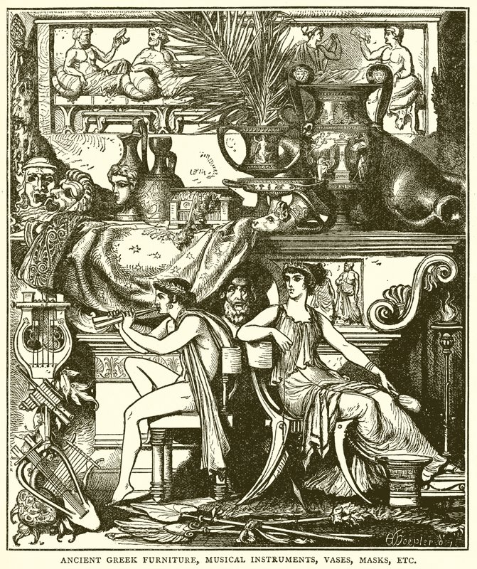 Antike griechische Möbel, Musikinstrumente, Vasen, Masken usw. (Stich) von English School