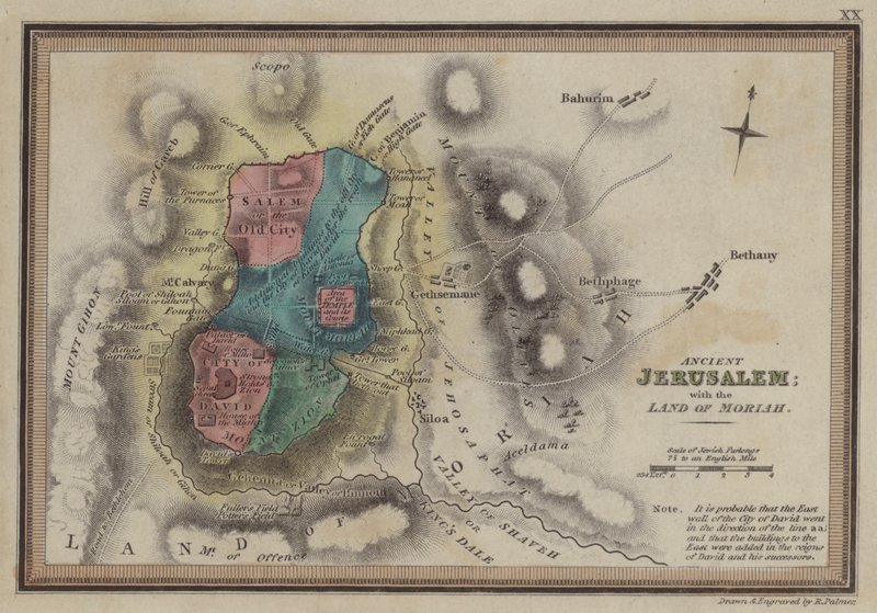 Das antike Jerusalem mit dem Land Moriah (Farbstich) von English School