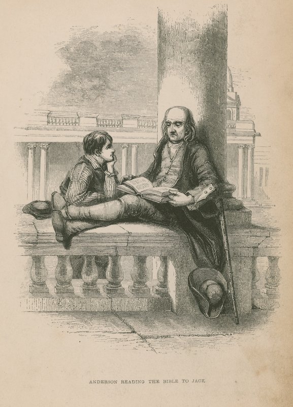 Anderson liest Jack die Bibel vor; Illustration aus Poor Jack von Frederick Marryat von English School