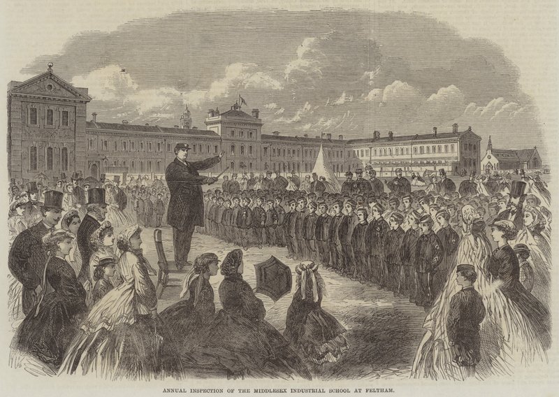 Jährliche Inspektion der Middlesex Industrieschule in Feltham (Stich) von English School