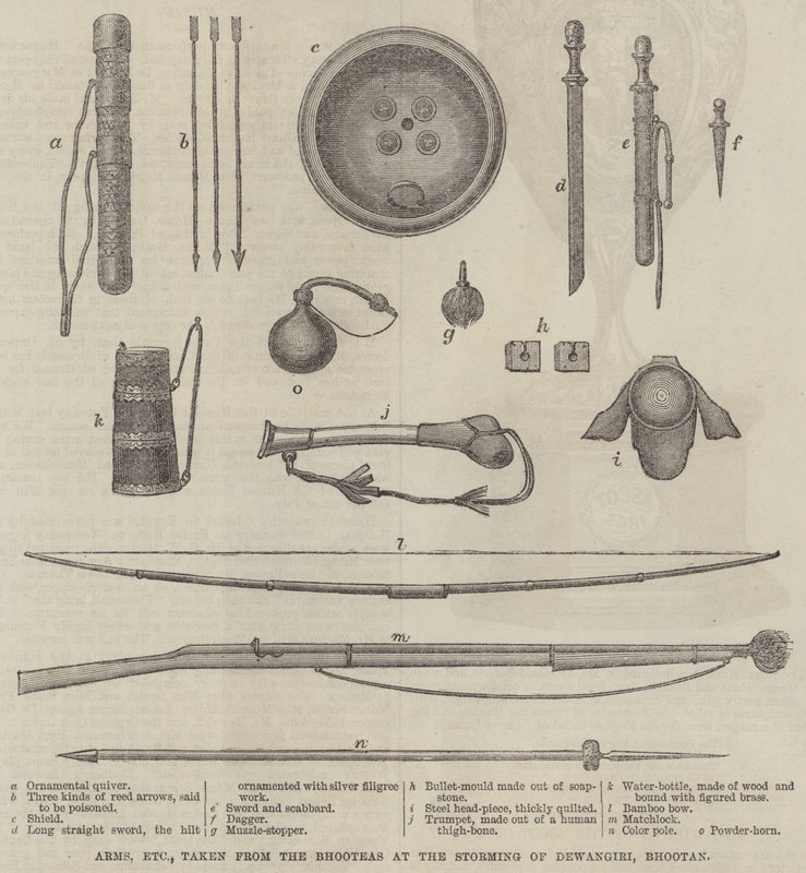 Waffen usw., die von den Bhutanesen bei der Erstürmung von Dewangiri, Bhutan, erbeutet wurden (Stich) von English School