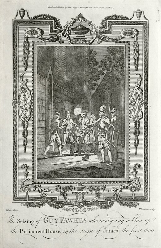 Verhaftung von Guy Fawkes wegen des Versuchs, das Parlament im Gunpowder Plot am 5. November 1605 in die Luft zu sprengen von English School
