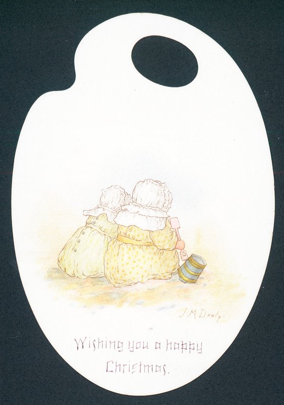 Künstlerpalette, Mädchen sitzen am Strand, Weihnachtskarte von English School