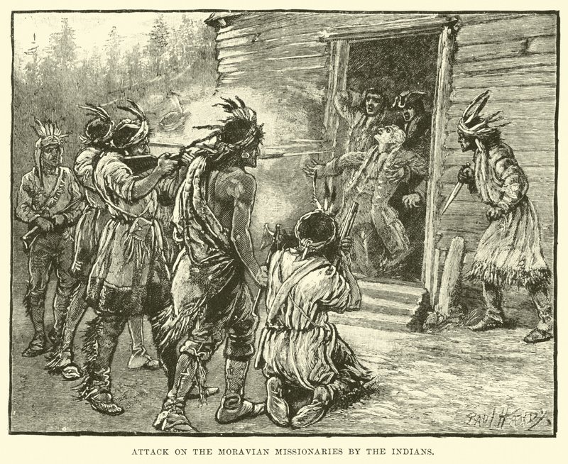 Angriff der Indianer auf die Missionare der Herrnhuter Brüdergemeine von English School