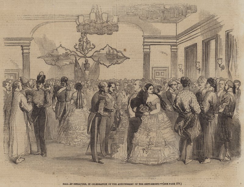 Ball in Singapur, zur Feier des Jahrestages der Siedlung (Gravur) von English School