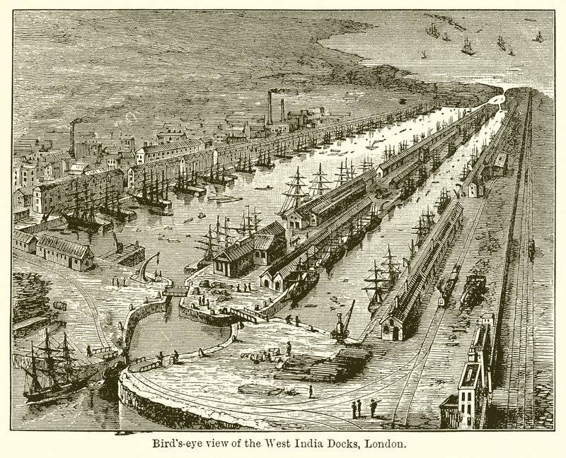 Vogelperspektive der West India Docks, London von English School