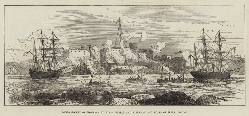 Bombardierung von Mombasa durch HMS Nassau und Rifleman und Boote der HMS London (Stich) von English School