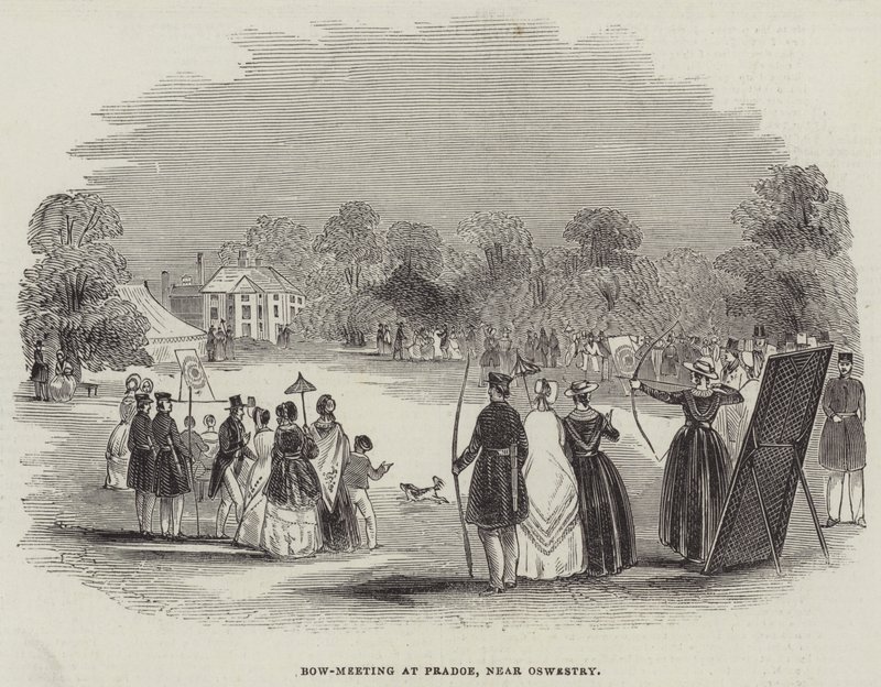 Bogenschießen bei Pradoe, in der Nähe von Oswestry (Stich) von English School