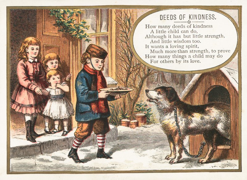 Junge füttert Hund im Zwinger, Weihnachtskarte von English School