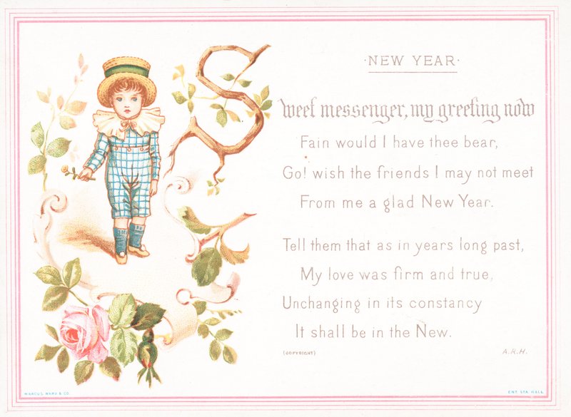 Junge hält Rose, Neujahrskarte von English School