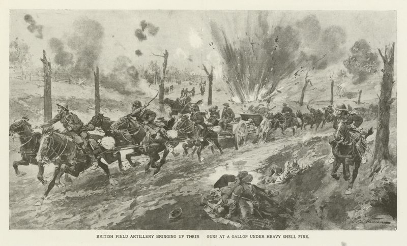 Britische Feldartillerie bringt ihre Geschütze im Galopp unter schwerem Granatfeuer vor, Erster Weltkrieg von English School