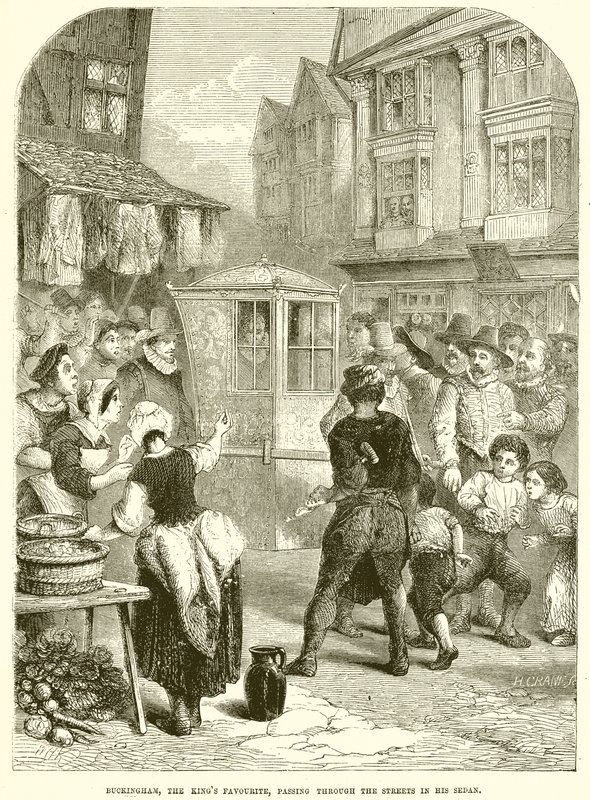 Buckinghan, der Favorit des Königs, fährt in seiner Sänfte durch die Straßen von English School