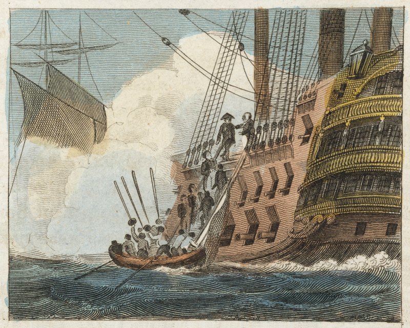 Buonaparte ergibt sich den Engländern (farbige Gravur) von English School