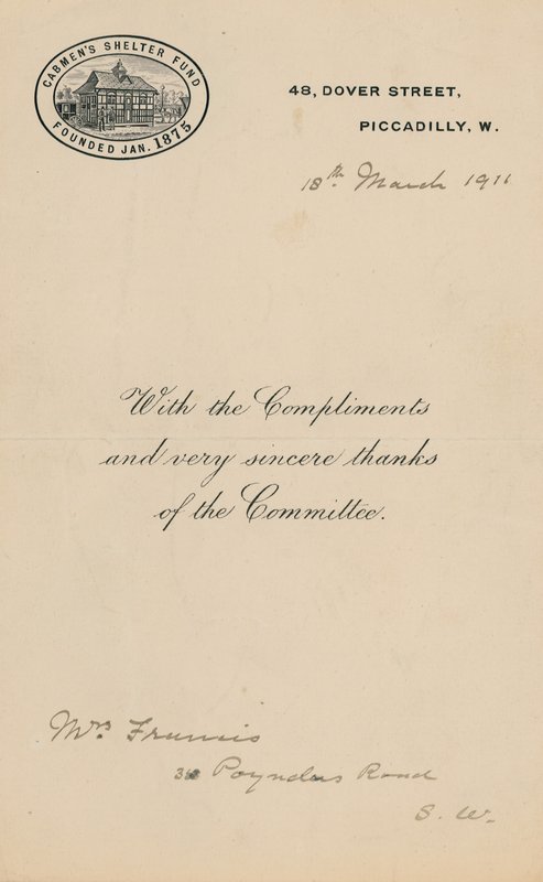 Unterstand für Kutscher Fun, gegründet im Januar 1875. Brief von English School