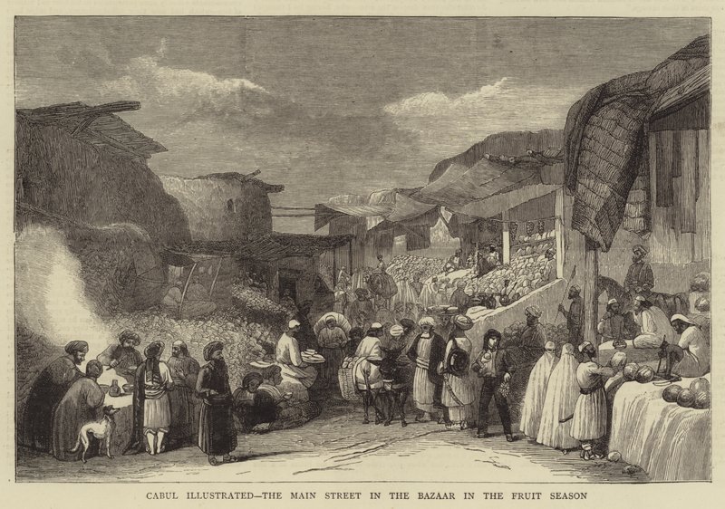 Kabul illustriert, die Hauptstraße im Basar in der Obstzeit (Stich) von English School