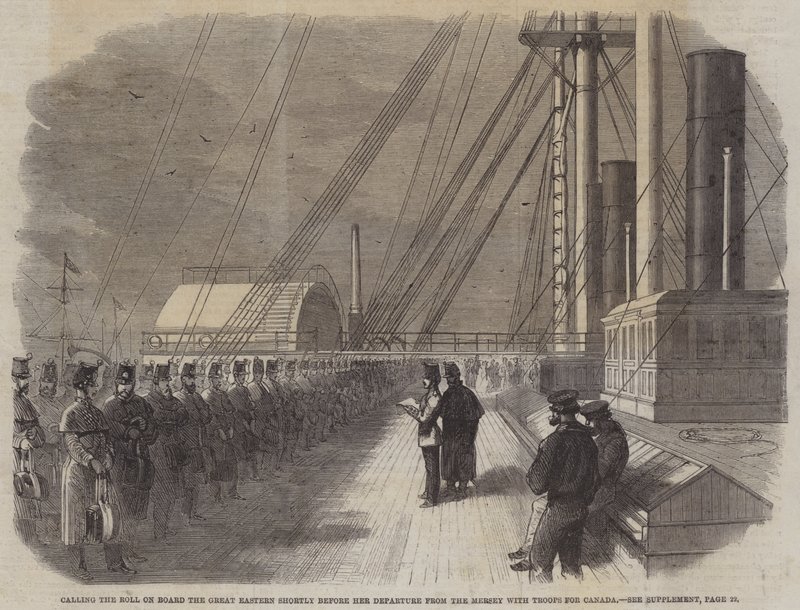 Appell auf der Great Eastern kurz vor ihrer Abfahrt aus dem Mersey mit Truppen nach Kanada (Gravur) von English School