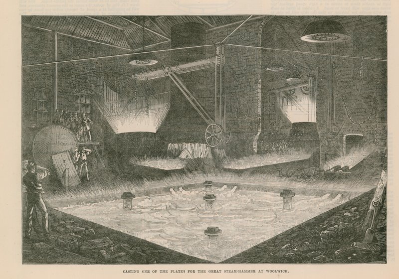 Gießen einer der Platten für den großen Dampfhämmer in Woolwich von English School