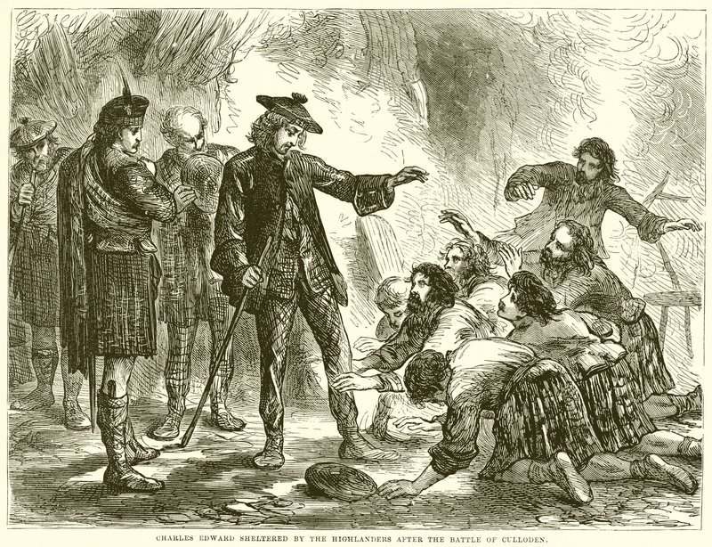 Charles Edward wird nach der Schlacht von Culloden von den Highlandern geschützt von English School