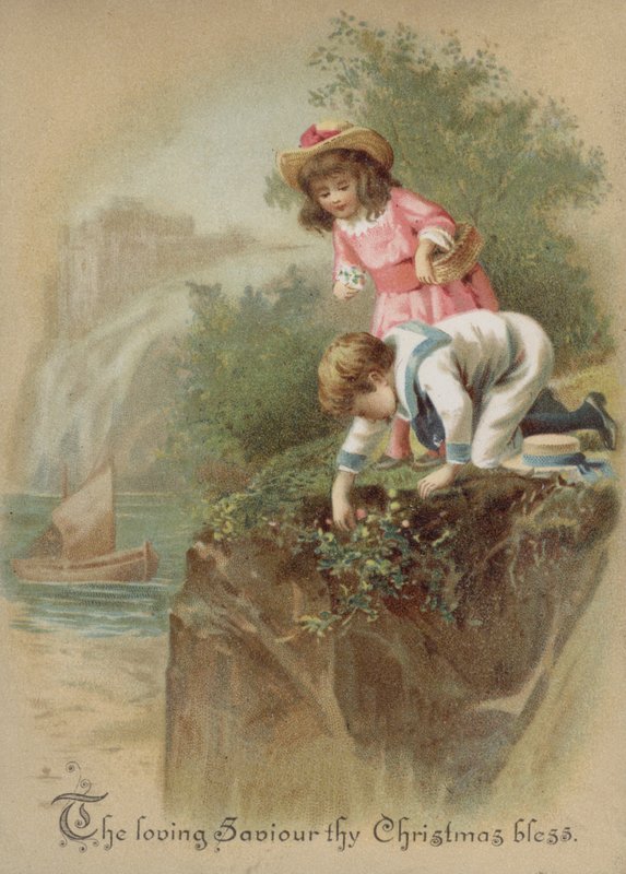 Kinder pflücken Blumen am Flussufer, Weihnachtskarte von English School