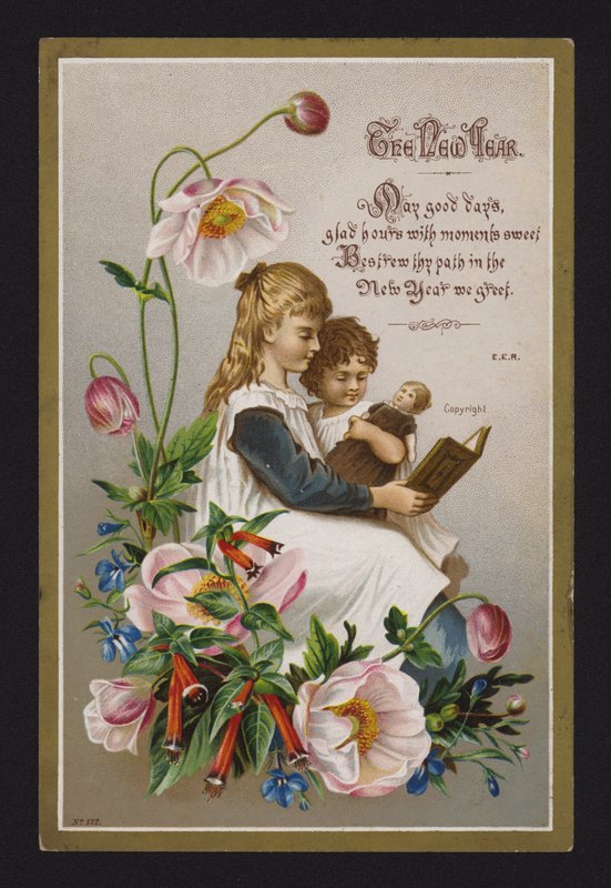 Kinder lesen ein Buch, Neujahrsgrußkarte, Ende des 19. oder Anfang des 20. Jahrhunderts von English School