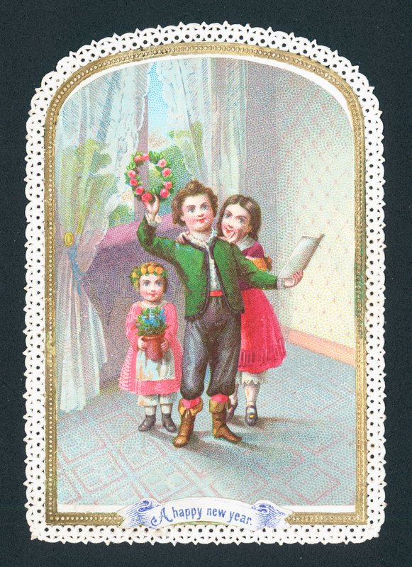 Kinder mit Kranz und Blumen, Neujahrskarte von English School