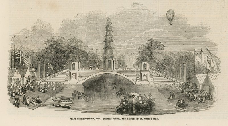 Chinesische Pagode und Brücke im St. Jamess Park von English School