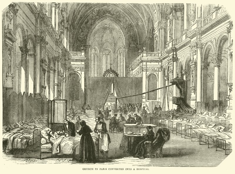 Kirche in Paris in ein Krankenhaus umgewandelt, November 1870 von English School