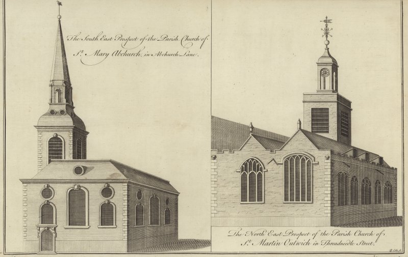 Kirche St. Mary Abchurch, Abchurch Lane und Kirche St. Martin Outwich in Threadneedle Street, London von English School