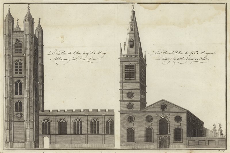 Kirche St. Mary Aldermary in Bow Lane und Kirche St. Margaret Pattens in Little Tower Street, London von English School