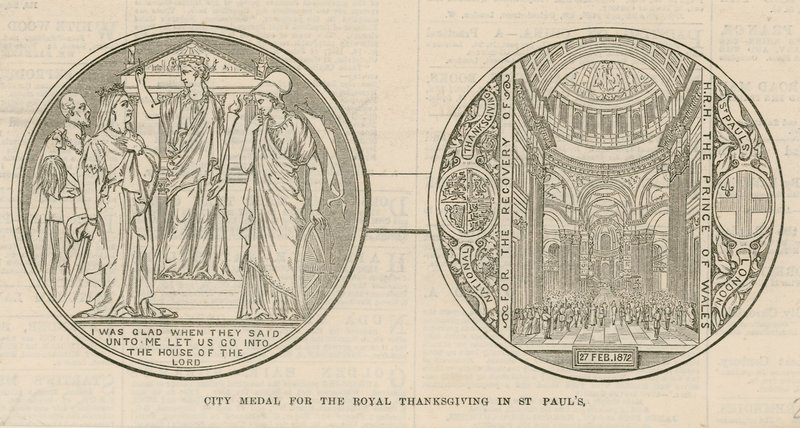 Stadtmedaille für das königliche Dankfest in der St. Pauls Kathedrale, London, am 27. Februar 1872 von English School
