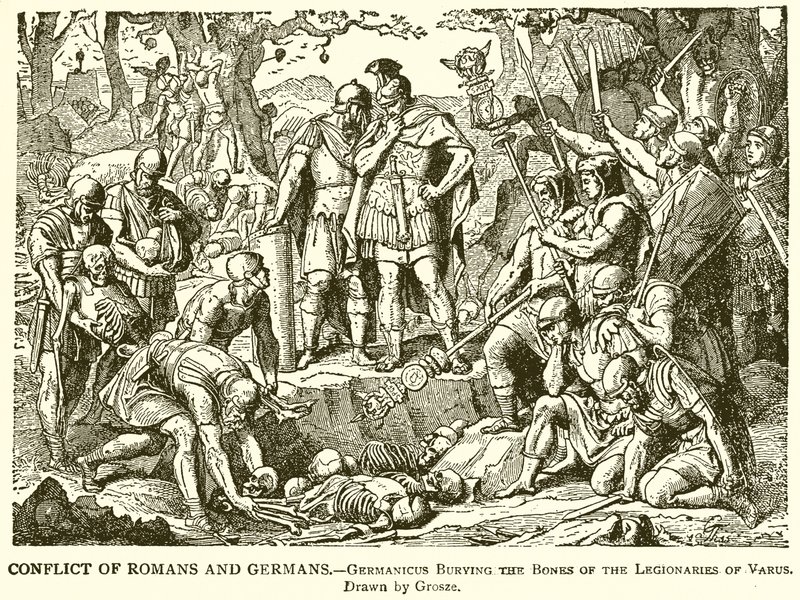 Konflikt zwischen Römern und Germanen.--Germanicus begräbt die Knochen der Legionäre des Varus von English School