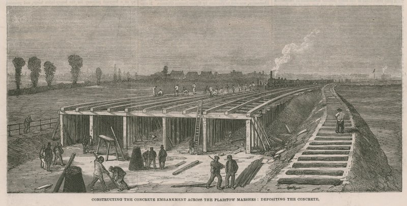 Bau des Betonwalls über die Plaistow-Marschen von English School