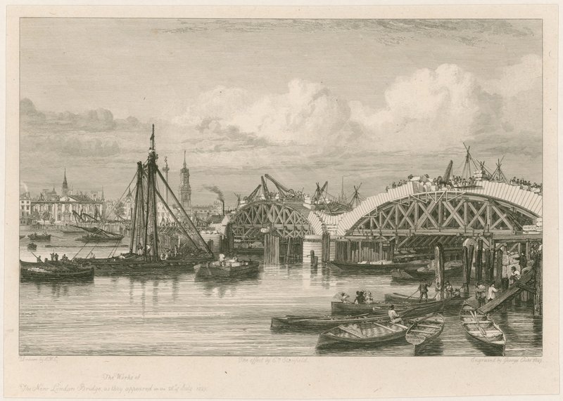 Bau der neuen London Bridge, 26. Juli 1827 von English School