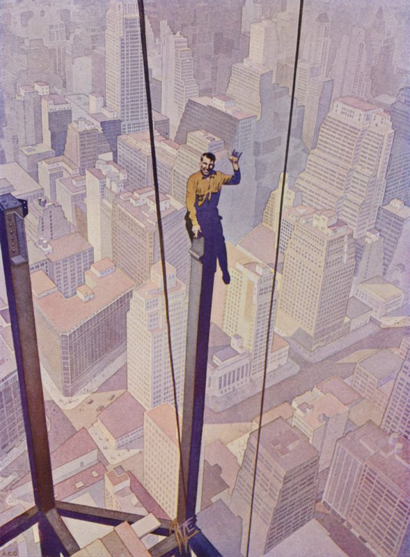 Bauarbeiter auf dem Stahlgerüst eines Wolkenkratzers hoch über den Straßen von New York City, New York, USA von English School