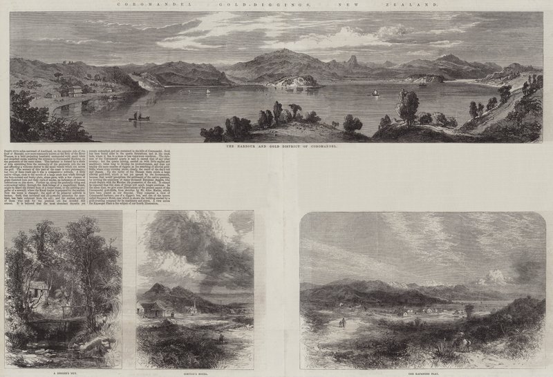 Goldgräbereien in Coromandel, Neuseeland (Stich) von English School